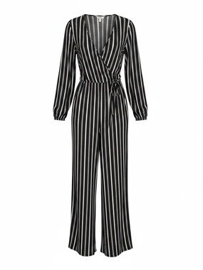 Xhilaration Black & White Vertical-Stripe Wrap Jumpsuit